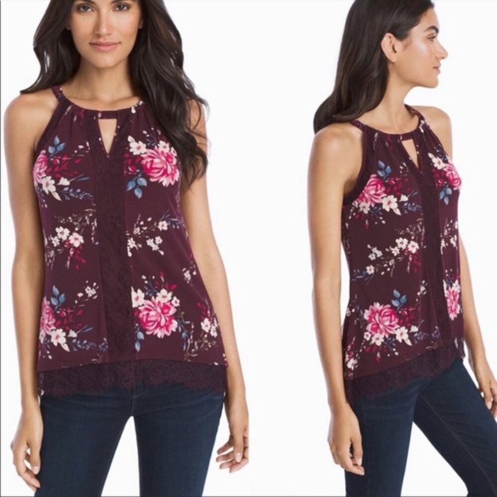 WHBM Floral Print Lace Trim Maroon Tank, Size Large